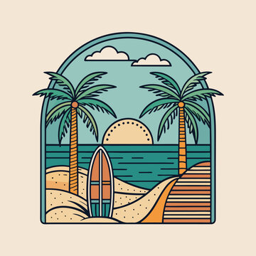 Tropical Beach Sunset with Palm Tree and Surfboards - Vector Illustration