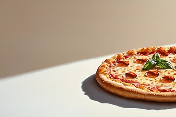 Delicious pepperoni pizza with melted cheese and basil on clear background.