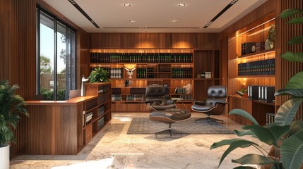 A modern and eco-friendly legal services office with law books and satisfied clients