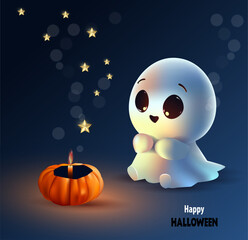 Adorable ghost with candle on dark background with stars. Postcard, banner, poster, Halloween greetings © MelLenka