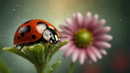 Ladybug on a flower with digital network designs.