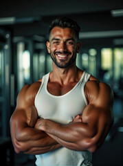 Fototapeta premium A Stunning Display of Strength and Detail: Muscular Man Posing Confidently in a Gym, showcasing a detailed physique in a white tank top with a blurred background