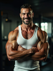 Fototapeta premium A Stunning Display of Strength and Detail: Muscular Man Posing Confidently in a Gym, showcasing a detailed physique in a white tank top with a blurred background