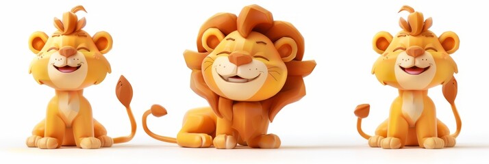 Set of 3D cute happy cartoon lion, isolated on white background 