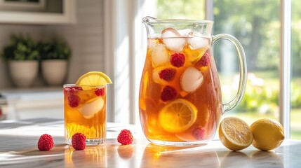 A pitcher and glass of iced tea with raspberries and lemon slices on a kitchen counter.