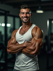 Fototapeta premium A Stunning Display of Strength and Detail: Muscular Man Posing Confidently in a Gym, showcasing a detailed physique in a white tank top with a blurred background