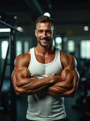 Fototapeta premium A Stunning Display of Strength and Detail: Muscular Man Posing Confidently in a Gym, showcasing a detailed physique in a white tank top with a blurred background