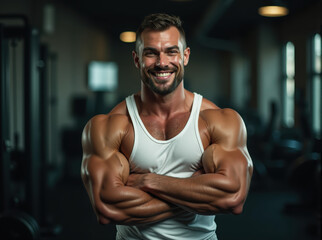 Fototapeta premium A Stunning Display of Strength and Detail: Muscular Man Posing Confidently in a Gym, showcasing a detailed physique in a white tank top with a blurred background