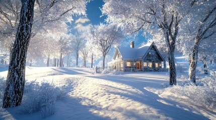 Obraz premium A small wooden cabin nestled amongst snow-covered trees, with a clear blue sky and a gentle dusting of snow on the ground. The sun is shining brightly and the air is crisp and clean.