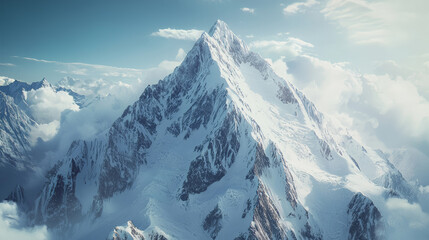 An awe-inspiring aerial shot of a snowy mountain peak, capturing the grandeur of nature in epic detail. Generative AI