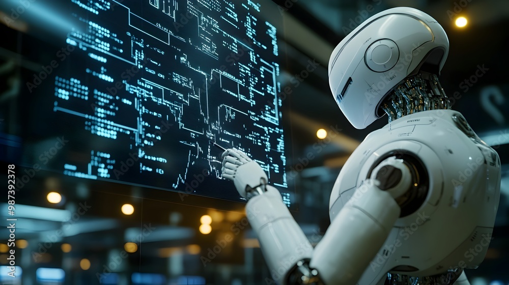 Poster close up view of a robotic hand writing intricate trading algorithms and financial market analysis o