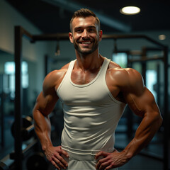Fototapeta premium A Stunning Display of Strength and Detail: Muscular Man Posing Confidently in a Gym, showcasing a detailed physique in a white tank top with a blurred background