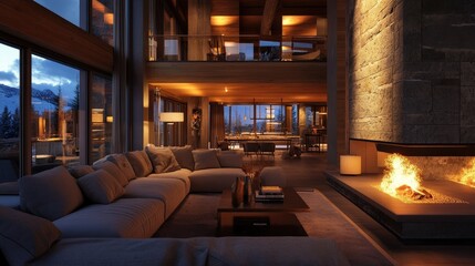 A cozy living room with a large sectional sofa, a roaring fireplace, and soft lighting from table lamps, creating a warm and inviting space for relaxation.