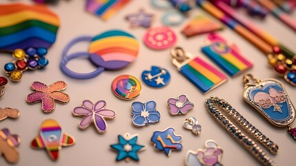 Closeup of Vibrant Pride Themed Accessories and Symbols on Neutral Background