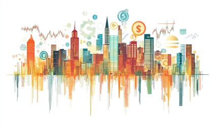 Obraz premium A creative illustration of a city skyline made from various financial symbols, like dollar signs and graphs, symbolizing economic growth and prosperity.
