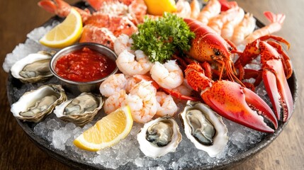 A delicious seafood platter featuring lobster, shrimp, oysters, and crab legs, beautifully arranged on crushed ice with lemon wedges and dipping sauces.