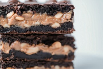 A delicious close-up of layered chocolate brownies filled with peanut butter and nuts, highlighting the rich and indulgent dessert texture.