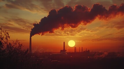 A dramatic scene of smoke rising from a factory chimney against a sunset, highlighting environmental themes and the impact of industry on the atmosphere.