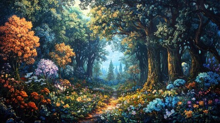 Vibrant Photorealistic Forest Landscape with Colorful Flora