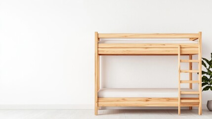 Minimalist children's bunk bed with ladder and safety rail, natural wood finish, open and airy bedroom design