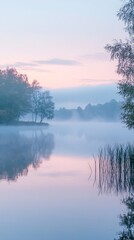 Fototapeta premium Serene Dawn Over a Foggy Lake Landscape