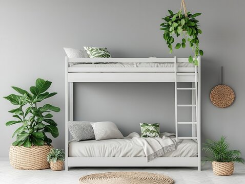 Children's bunk bed in white and grey with a minimalist form, simple ladder and space-efficient design