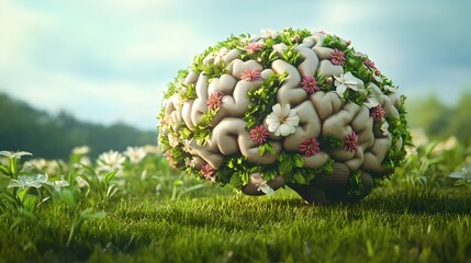 Conceptual 3D of Human Brain Covered in Lush Verdant Flora Thriving Over Peaceful Grassy Knoll Background   Symbolizing the Flourishing of the Mind Knowledge and Intellectual Capacities in a Natural