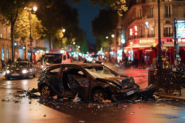 Obraz premium Heavily damaged car in the middle of a busy street
