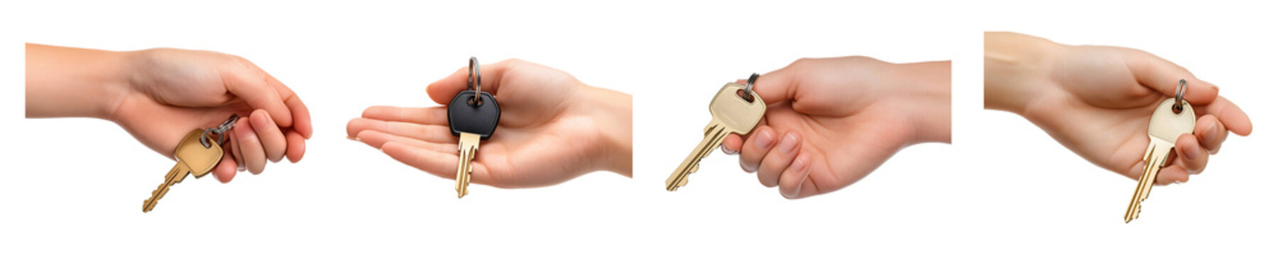 Set, collection of Hand holding keys to a new house isolated on transparent background.