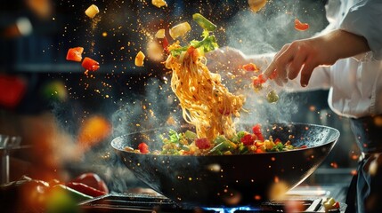 A dynamic image of a chef expertly tossing noodles in a hot wok, with vibrant vegetables flying in the air, capturing the energy and skill of cooking