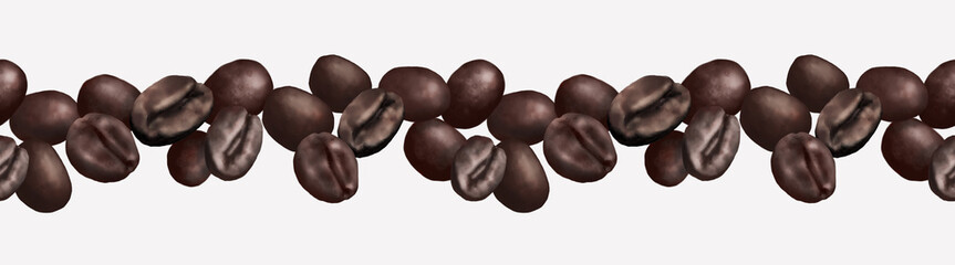 Roasted coffee tree beans, seamless horizontal border. Digital watercolor illustration. Scattered coffee beans isolated on a white background. Roasted fragrant coffee beans lie in a pile