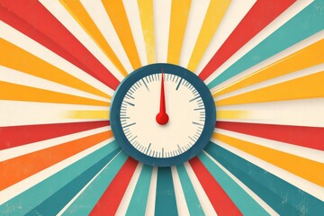 Fototapeta premium Vintage Clock with Red Hand on a Retro Sunburst Background