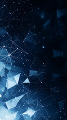 Abstract background with polygonal shapes in dark blue tones connected by glowing dots conveying a technology and digital network concept