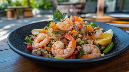 Fresh Thai Glass Noodle Salad with Shrimp on Wooden Table in Outdoor Patio Setting