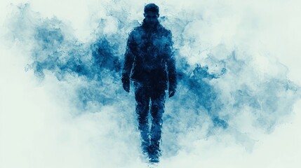 A mysterious silhouette walks through an enchanting blue haze at dusk