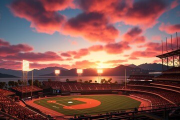 Sunset view of a baseball stadium in a vibrant city