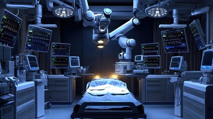 Futuristic operating room with robotic arms, hightech monitors, and a soft glow in a dimly lit space