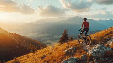 Fototapeta premium Cyclist taking a break on a mountain trail, with ample space in the scenic view for copy.
