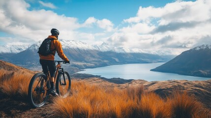 Fototapeta premium Cyclist taking a break on a mountain trail, with ample space in the scenic view for copy.