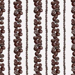 Roasted coffee tree beans on a seamless pattern. Digital watercolor illustration. The vertical border, scattered coffee beans, is isolated on a background. Roasted aromatic coffee beans with a slide