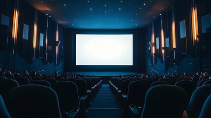 Movie theater interior with empty red seats facing a large screen