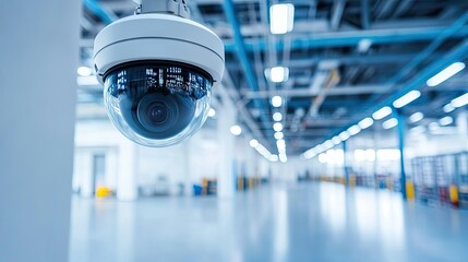 Dome camera on a ceiling of an industrial facility, with plenty of empty wall space for copy.