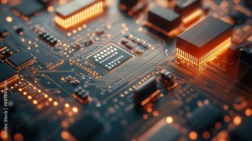 Poster electrical circuit board with visible components, leaving ample space on the right for text.