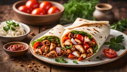 Chicken Kabab sandwich shawarma wrap filled with tomato and onion served in dish isolated on table top view of arabic food

