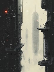 Minimalist Sci-Fi AI Cityscape with Foggy Atmosphere