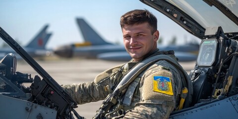 A smiling military pilot sits in the cockpit of a fighter jet. The image captures a moment of pride and readiness. This photograph reflects the spirit of aviation and military service. AI
