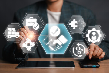 Illustration of supplier relationship management concept with digital icons representing business...