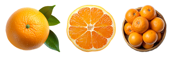 Oranges whole sliced and in a basket with fresh green leaves