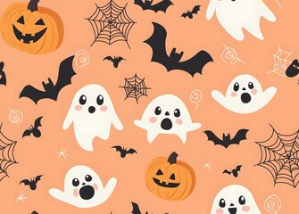 Naklejka premium A seamless pattern of cute ghosts, pumpkins, and spider webs