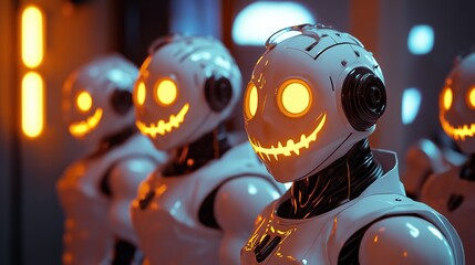 Fototapeta premium Robotic Figures Wearing Glowing Pumpkin Masks in a Futuristic Setting